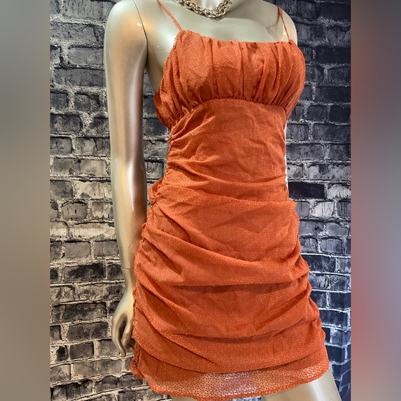 Rust Orange Burnout Velvet Ruched Mini Dress - Picture 4 of 11